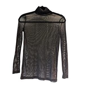 Molly Bracken Black Sheer Glitter Mesh Metallic Turtleneck Top Small Long Sleeve